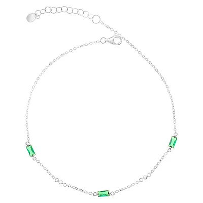 Sterling Silver Green Baguette Cubic Zirconia Anklet 152206