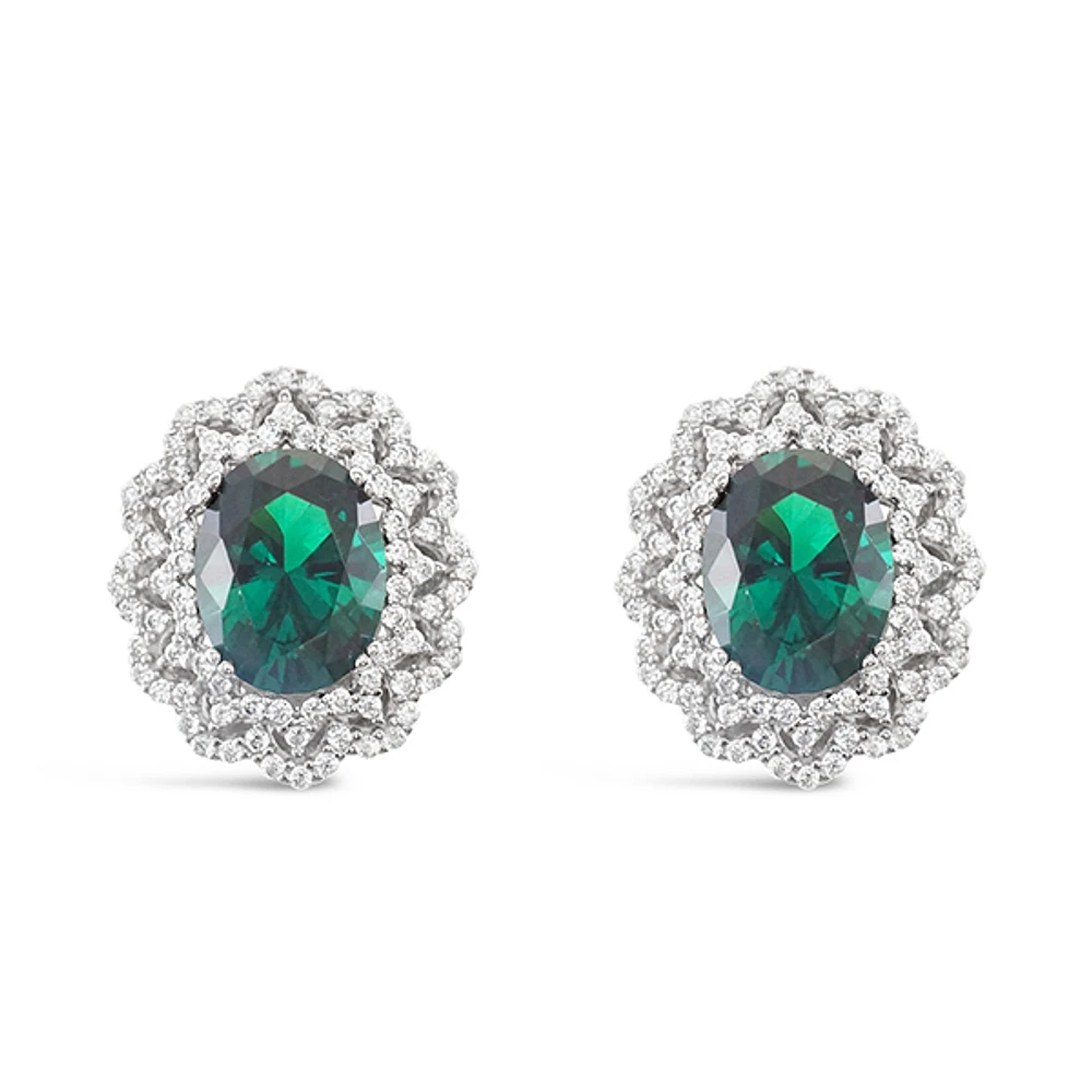Sterling Silver Emerald Oval Cubic Zirconia Earrings 153387