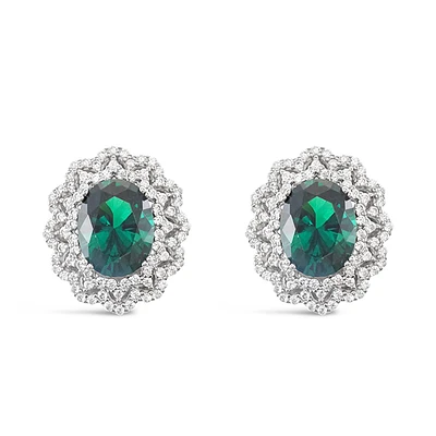 Sterling Silver Emerald Oval Cubic Zirconia Earrings 153387