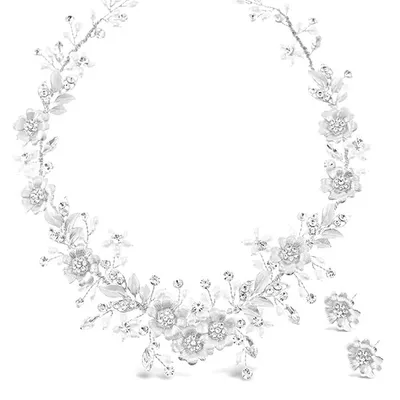 Bridal Silver Flower Necklace & Earrings Set 146364