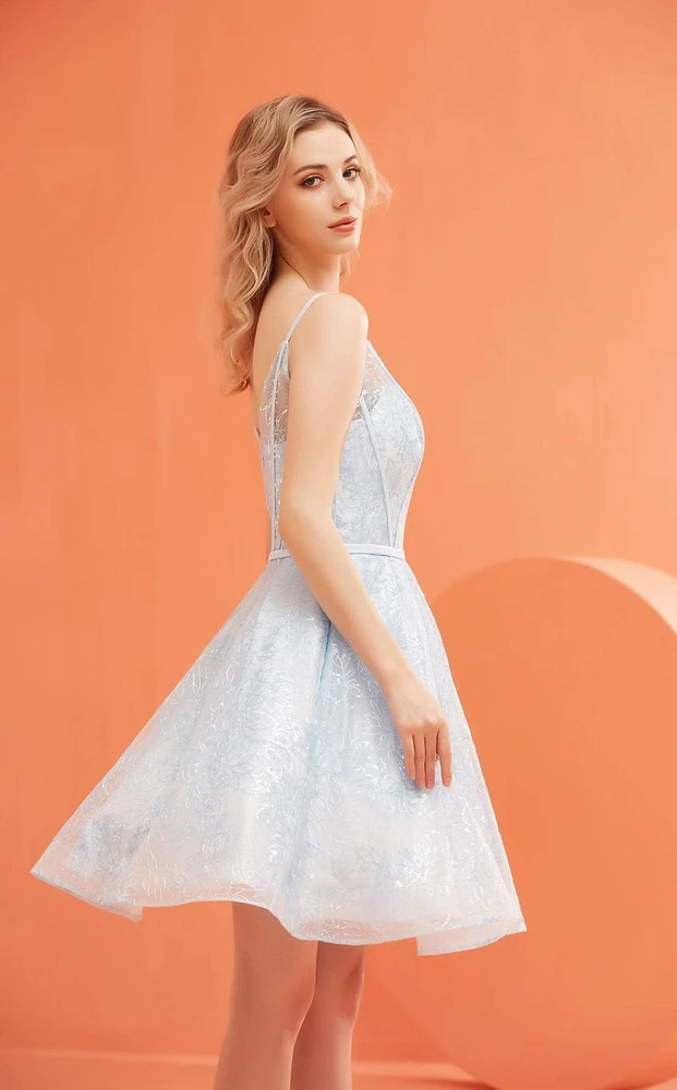 Illusion Neckline Sparkle Short Dress