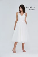 V-Neck Lace Top Tulle Tea Length Dress