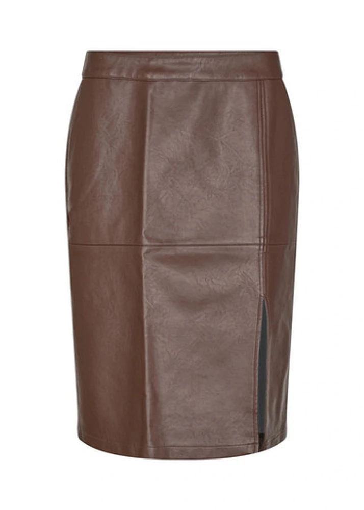 COFEE -BROWN FAUX LEATHER PENCIL SKIRT