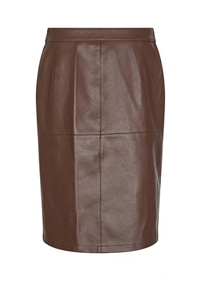 COFEE -BROWN FAUX LEATHER PENCIL SKIRT