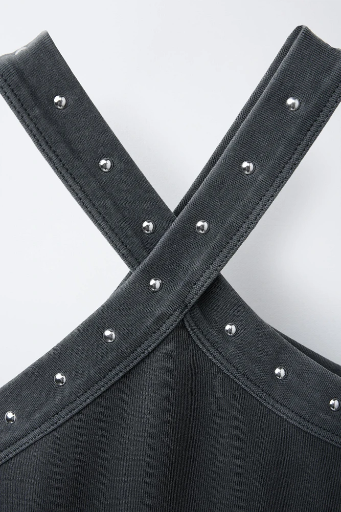 WASHED-EFFECT STUDDED HALTER TOP