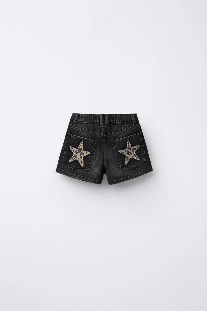 ANIMAL PRINT STAR PATCH DENIM SHORTS