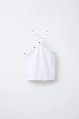 RIBBED HALTER STUDDED TOP