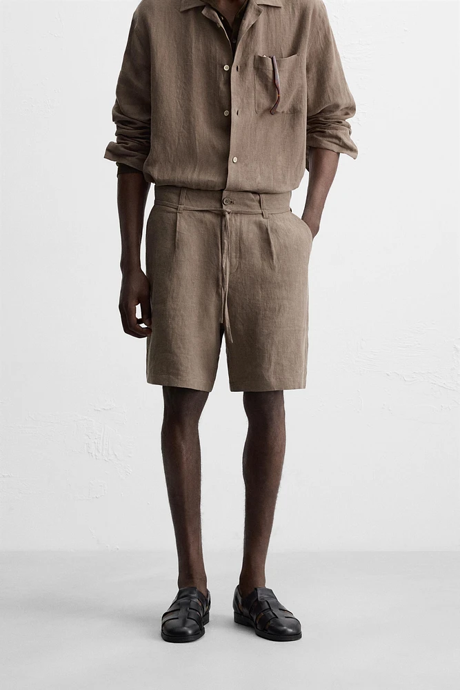 100% LINEN BELTED BERMUDA SHORTS