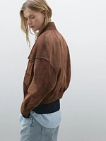 Suede leather bomber jacket with pockets