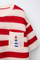 STRIPED KNIT T-SHIRT WITH EMBROIDERED LIGHTHOUSE