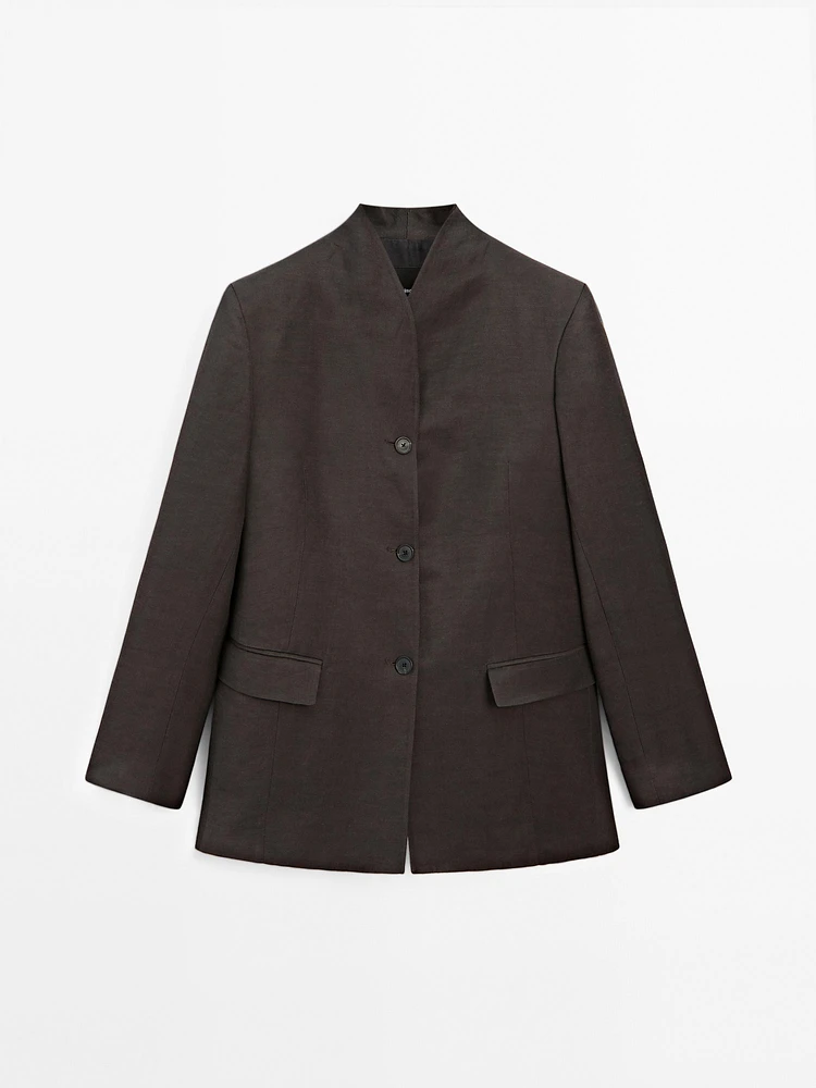 Linen blend high neck blazer