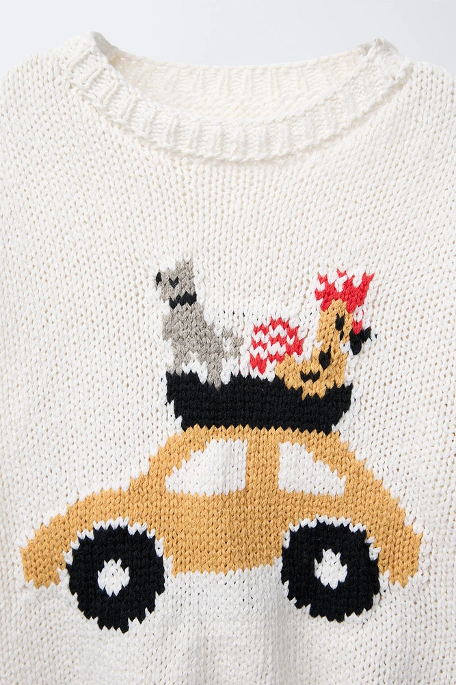 CAR AND ANIMAL PRINT KNIT SWEATER