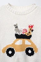 CAR AND ANIMAL PRINT KNIT SWEATER
