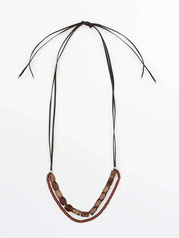 Leather double cord stone necklace