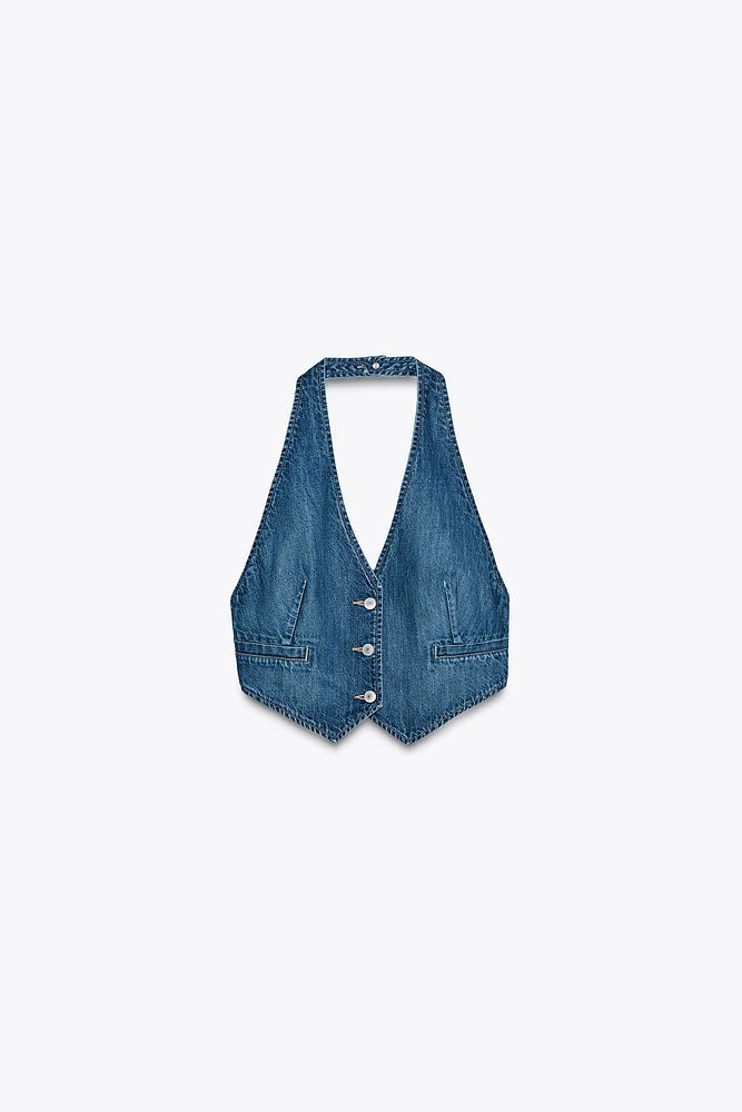 OPEN BACK DENIM TRF TOP