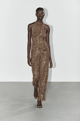ANIMAL PRINT TULLE HALTER JUMPSUIT