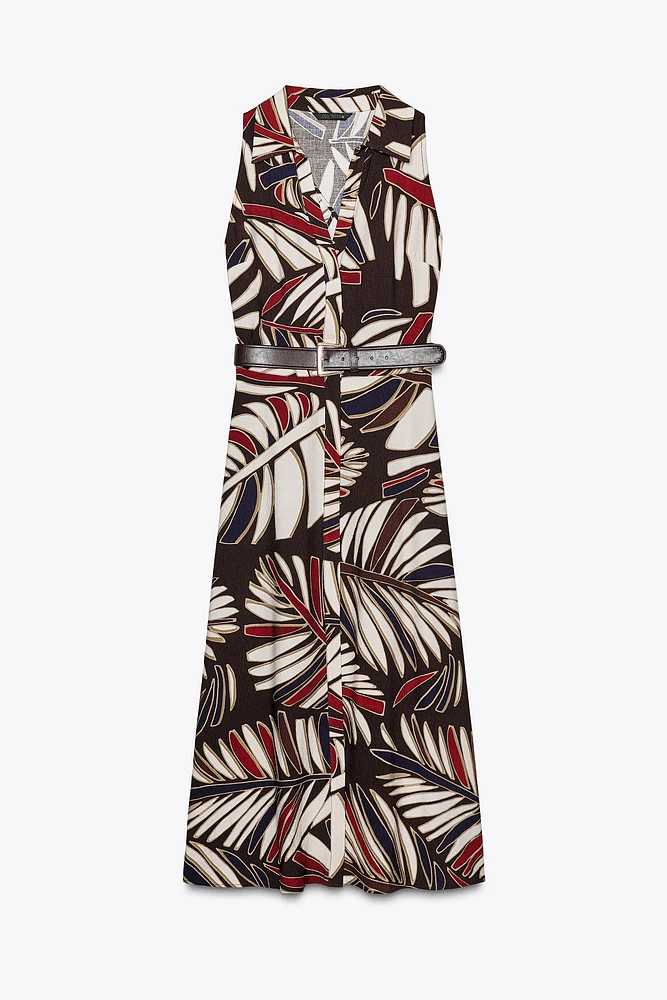 BELTED PRINTED MIDI DRESS