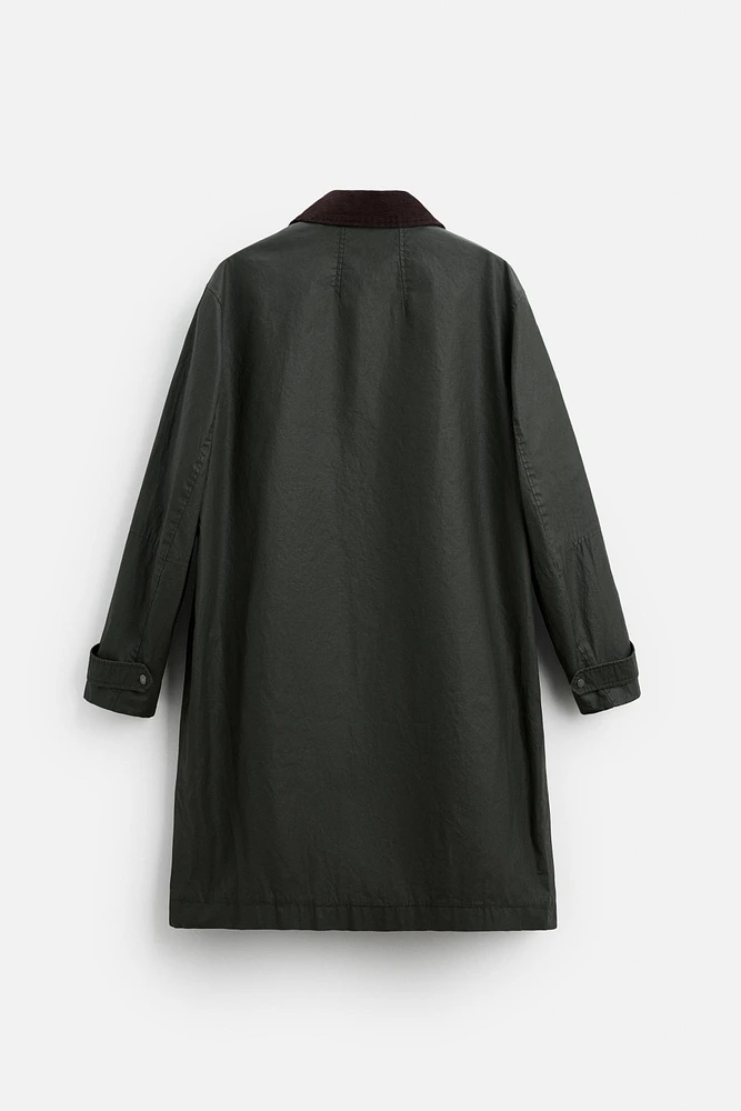 WAXED TRENCH COAT WITH CONTRAST COLLAR