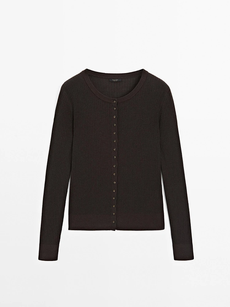 Ribbed knit crew neck cardigan