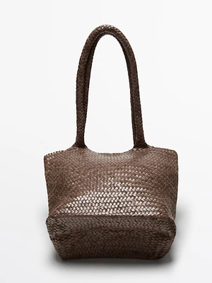 Tote bag moyen format tressé en cuir nappa