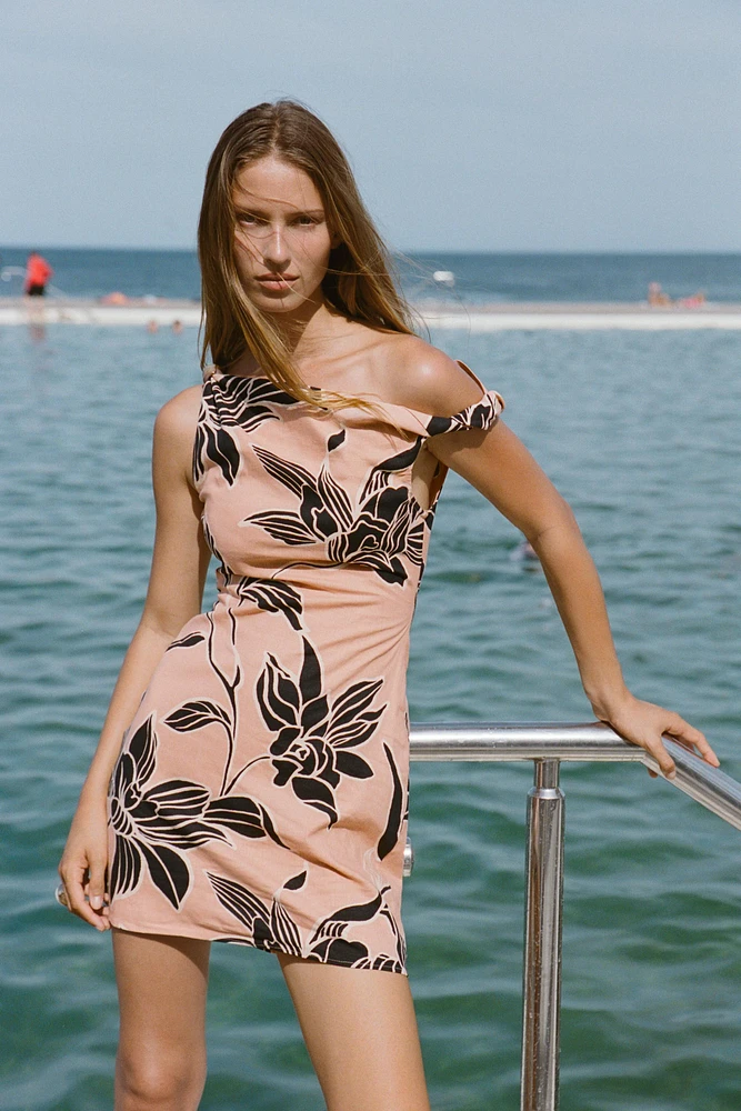 PRINTED LINEN BLEND MINI DRESS
