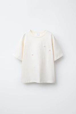FLORAL T-SHIRT WITH BEADED APPLIQUÉS