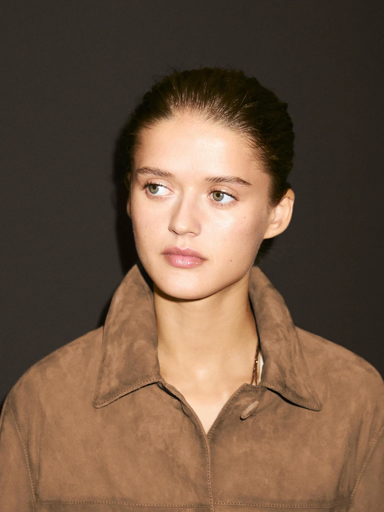 Suede leather jacket with lined buttons