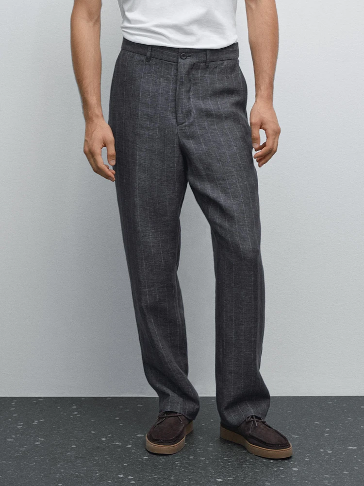 Faded 100% linen striped trousers