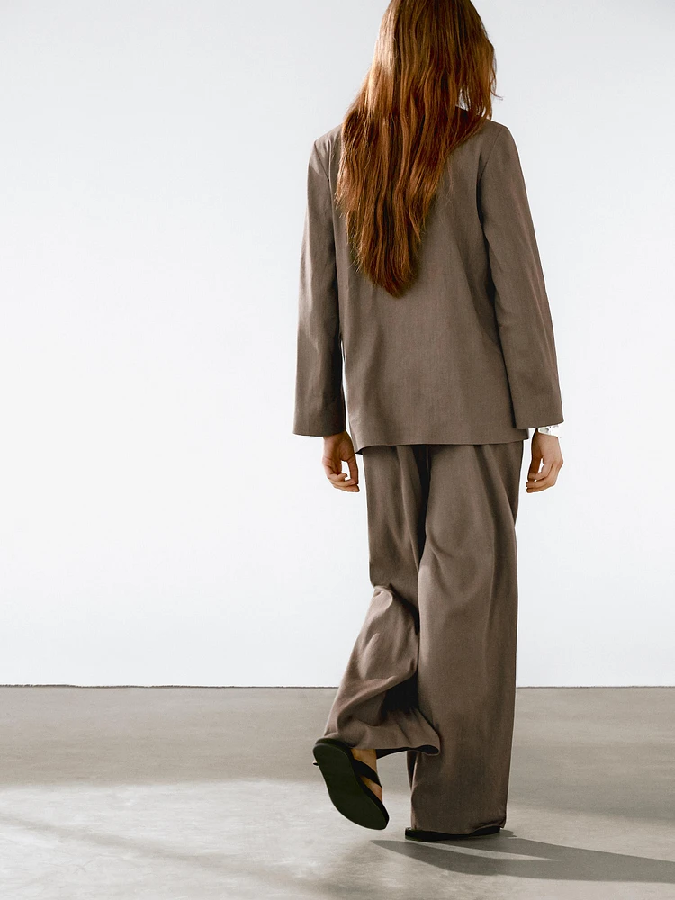 Pantalon droit à pinces en lin mélangé