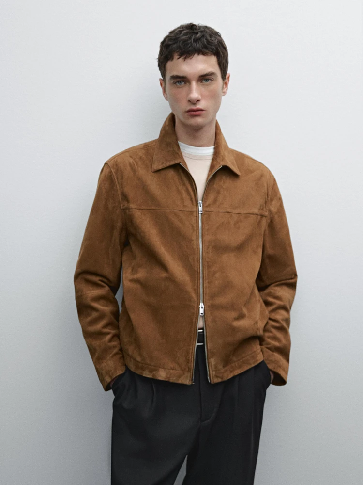 Suede leather zip-up jacket
