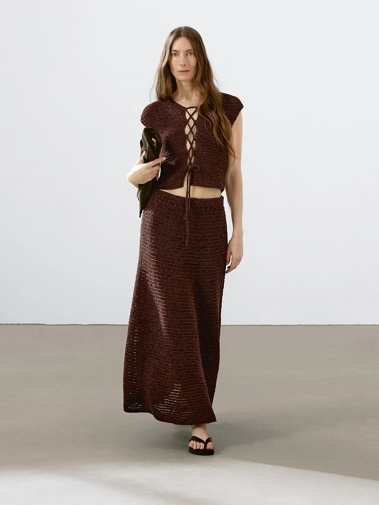 Cotton blend crochet waistcoat with tie detail