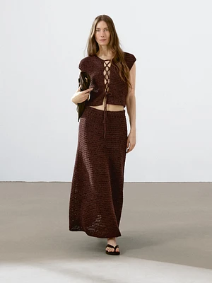 Cotton blend crochet waistcoat with tie detail