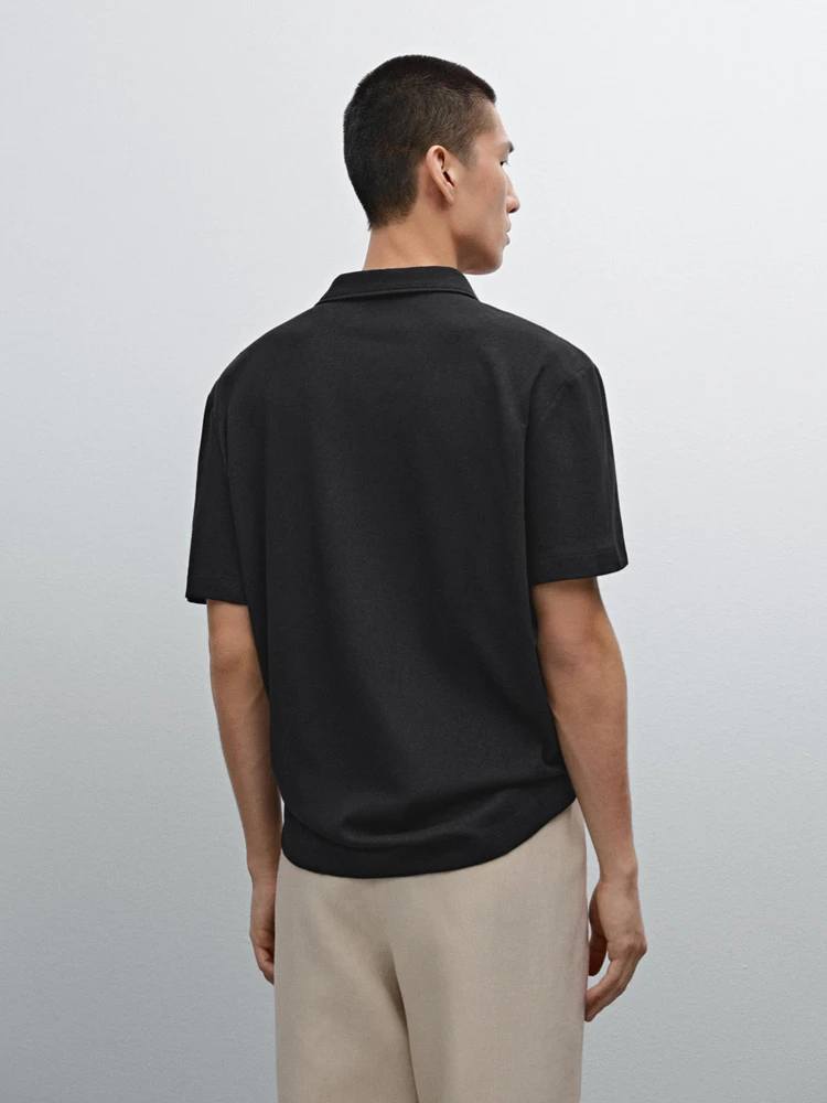 Linen blend short sleeve polo shirt