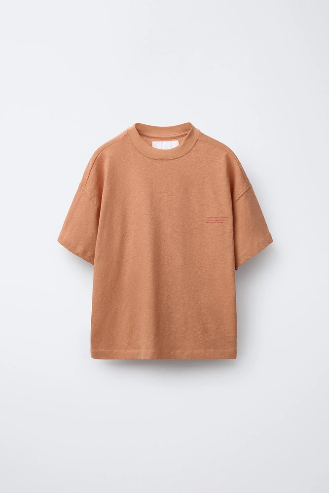 COTTON AND LINEN T-SHIRT WITH TEXT