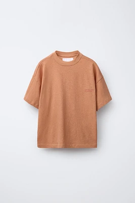 COTTON AND LINEN T-SHIRT WITH TEXT
