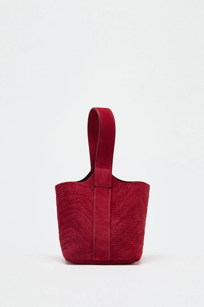 BRAIDED SPLIT LEATHER MINI BUCKET BAG