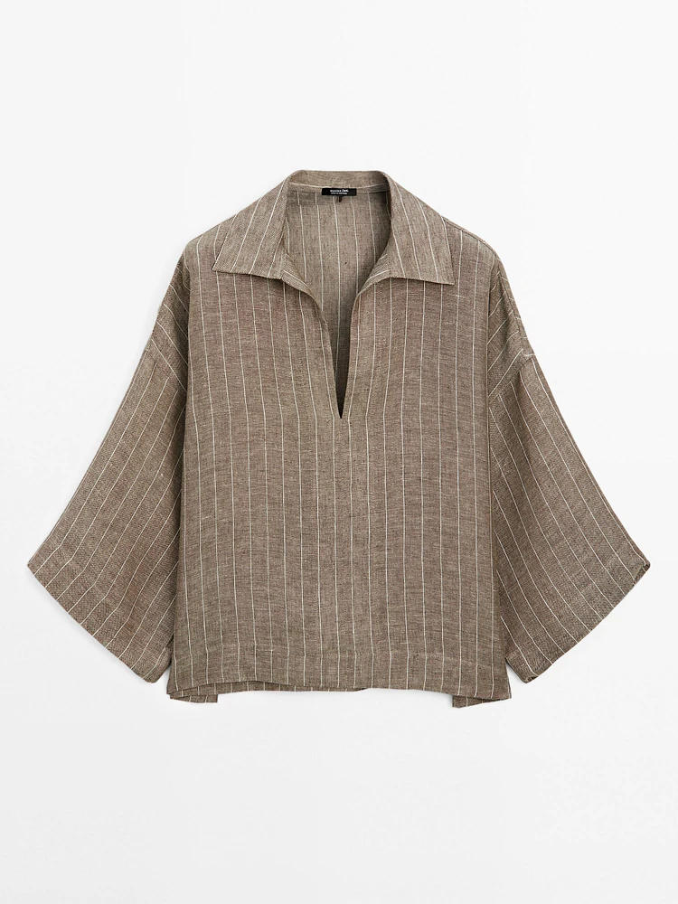 Striped linen open neck blouse