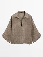 Striped linen open neck blouse