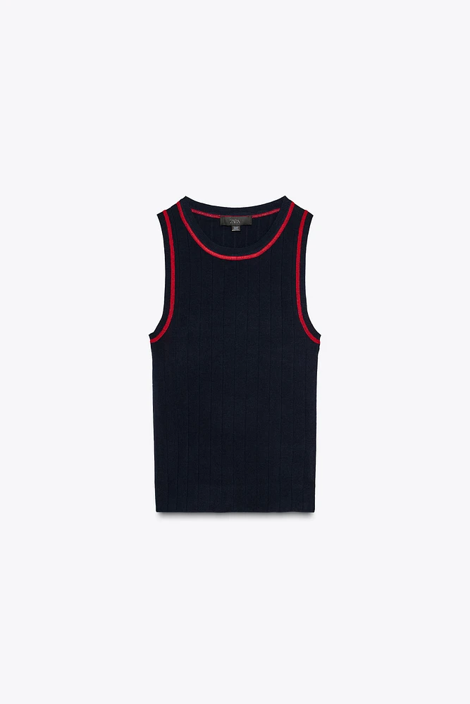 CONTRAST STITCH SLEEVELESS KNIT TOP