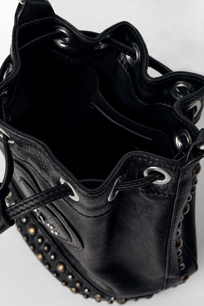 STUDDED RUCHED LEATHER BUCKET BAG KATE MOSS X ZARA