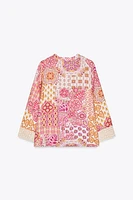 PRINTED BLOUSE WITH GUIPURE LACE SLEEVES