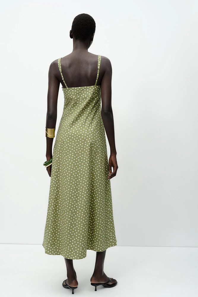 LINEN BLEND POLKA DOT MIDI DRESS