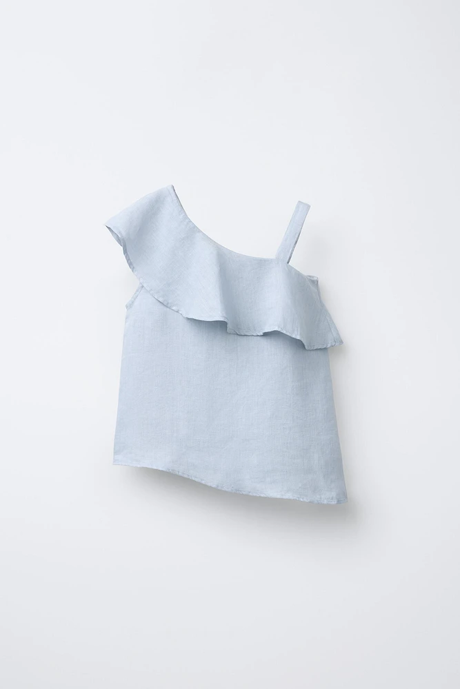 ASYMMETRIC RUFFLE 100% LINEN TOP