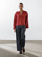 100% linen open stand collar shirt
