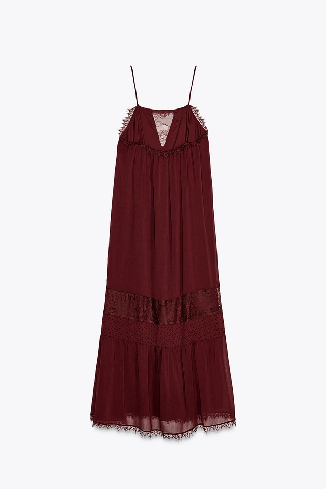 Zara Maroon Lace Midi Dress ZARA BROWN LACE TRIM STRAP V-NECK CUTOUT VELVET  VELOUR SEXY