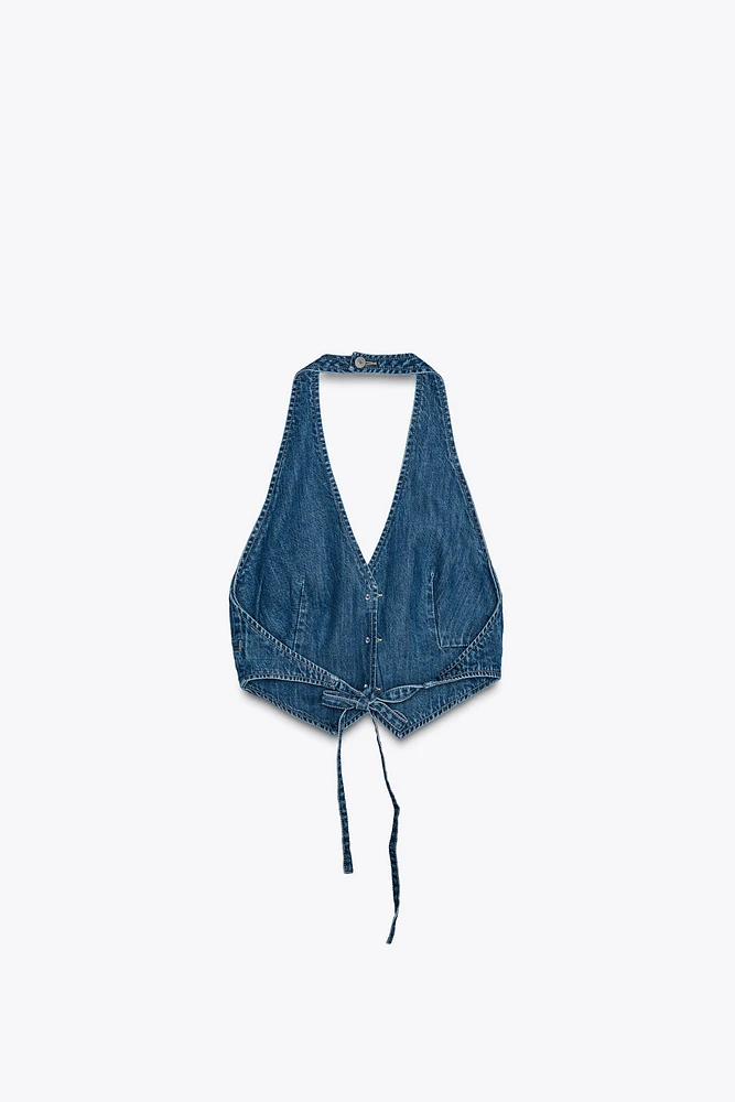 OPEN BACK DENIM TRF TOP