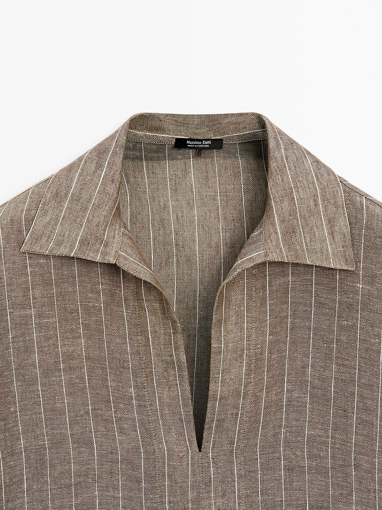 Striped linen open neck blouse