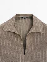 Striped linen open neck blouse