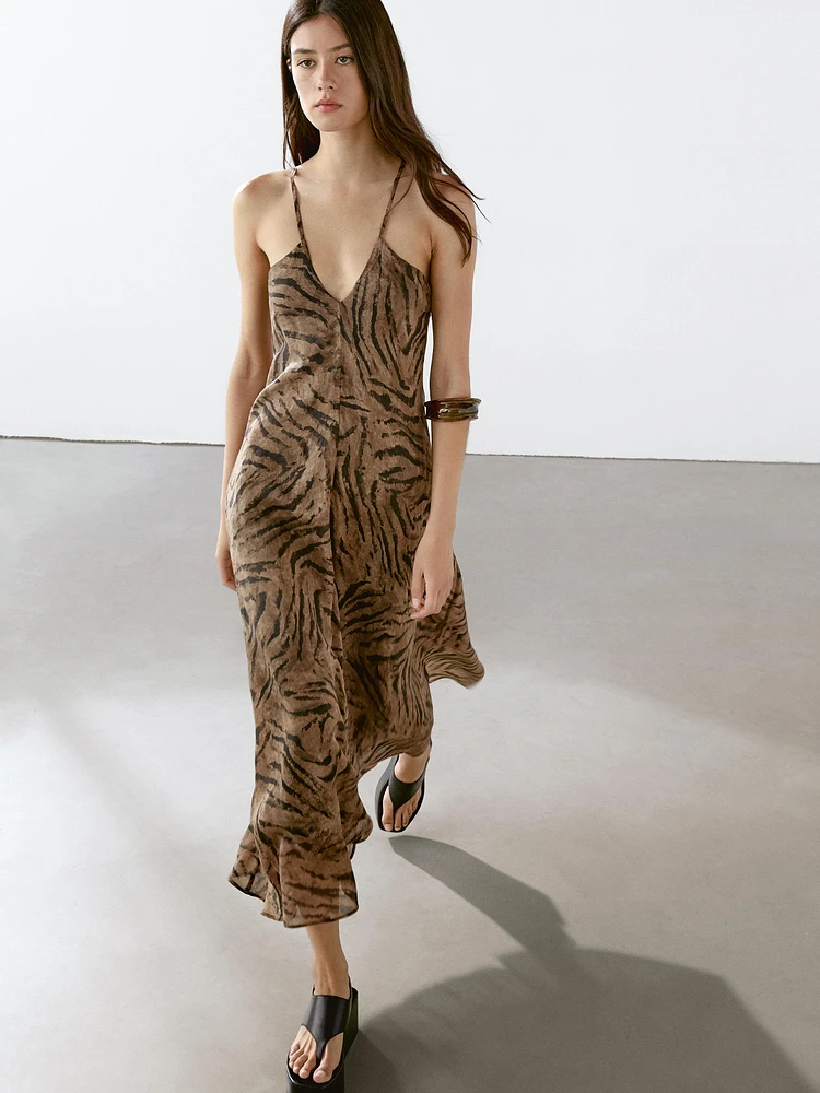 Long ramie blend animal print dress