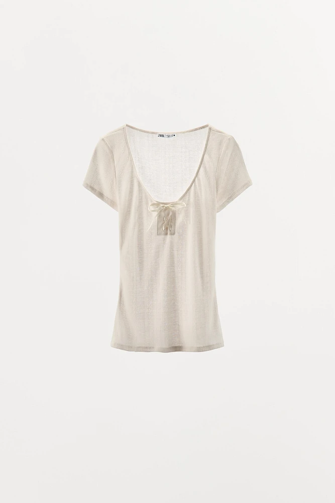SATIN BOW POINTELLE TOP
